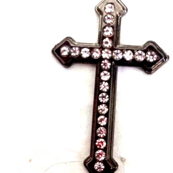 Black + Rhinestone Cross On Black Cord Choker Necklace 17" - Picture 2 of 10